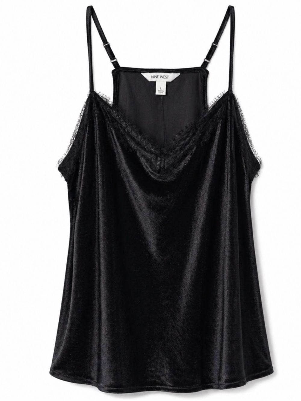 Nine West deep blue velvet and black lace camisole tank top. Women’s size L, NWT